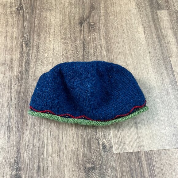 Newari Hat  Navy Wool Beanie Hat Floral Embellished Knit Fleece Lined Icelandic - Picture 5 of 9